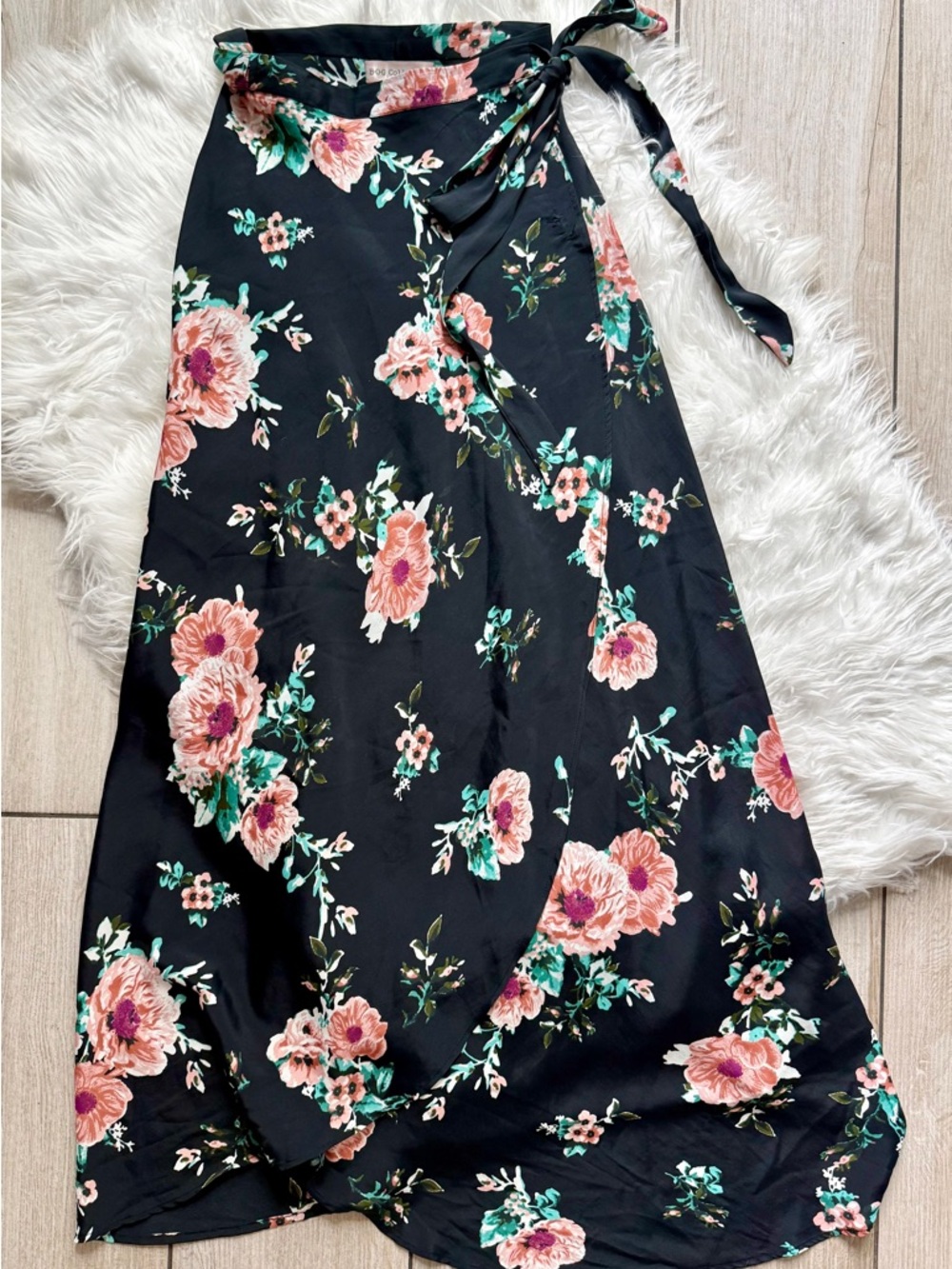 Black Floral Wrap Maxi Skirt with Pink Blooms